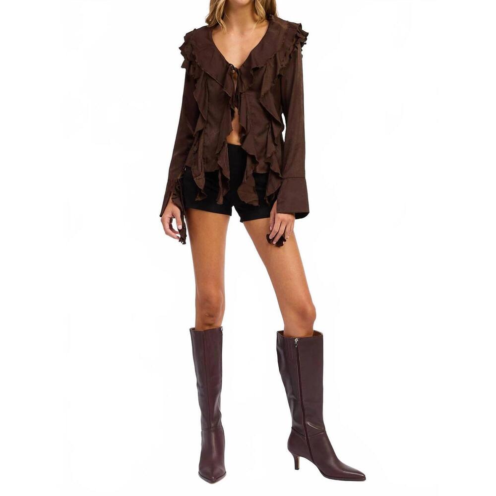 emory park Brown Ruffled Long-Sleeve Blouse - Picture 5 of 8